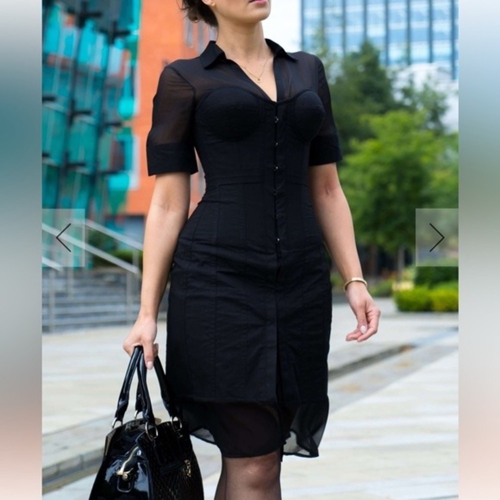 Corset Story Sheer Midi Dress Gothic Bustier Lace Up Back Short Sleeve Size 36